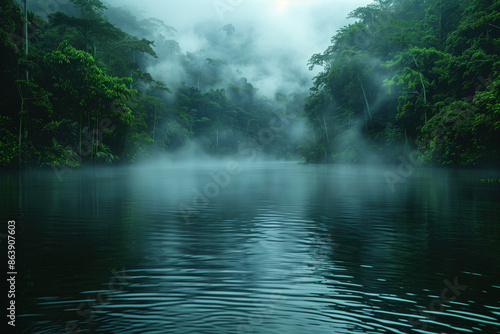 Fototapeta Naklejka Na Ścianę i Meble -  Tropical rainforest and lake with fog in the morning.