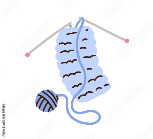 Knitting needles and yarn, woolen ball. Cozy warm wool scarf crafting process...