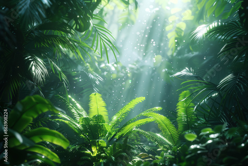 Tropical rainforest background with ferns and sunlight.
