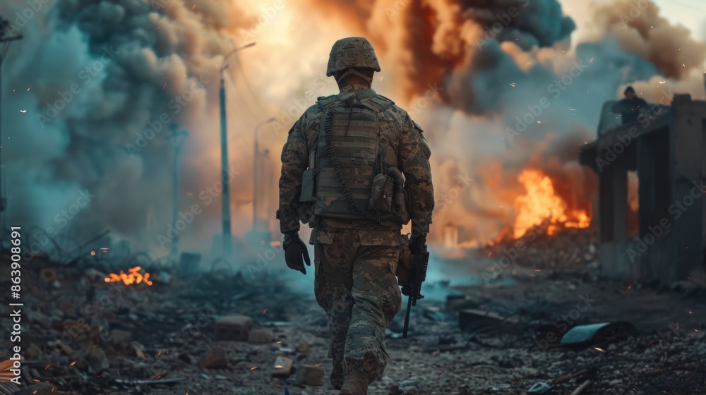 A military officer walking in front of a fire, great for use as a symbol of courage and leadership A military officer walking in front of a fire, great for use as a symbol of courage and leadership