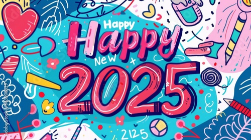Festive Vector Illustration Celebrating Happy New Year 2025 with Colorful Decorations