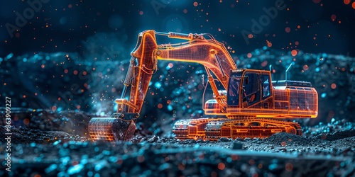 Fototapeta Naklejka Na Ścianę i Meble -  Futuristic Excavator in Neon Lights Amidst Mining Landscape