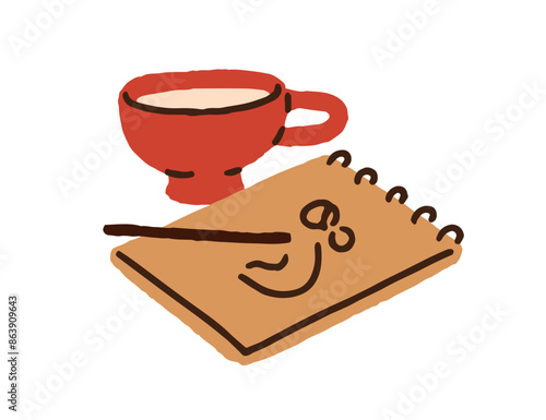Sketchbook and tea cup. Creative drawing in paper notebook, note pad. Notepad, pencil and teacup. Hand-drawn sketch in artbook album, coffee. Flat vector illustration isolated on white background