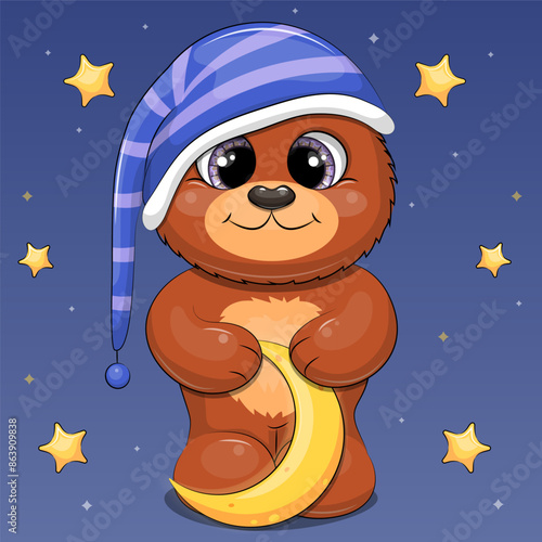 Cute cartoon brown bear in a nightcap is holding the moon. Night vector illustration of an animal on a dark blue background with stars.