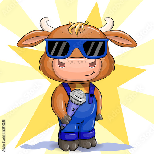 Cute cartoon bull with glasses and a microphone. Vector illustration of a singer. photo