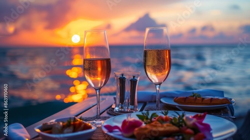 Fototapeta Naklejka Na Ścianę i Meble -  Romantic sunset dinner on the beach Honeymoon table set for two with luxurious meals Drink a glass of champagne in a restaurant with a sea view. Summer love, romantic dating on vacation concept.