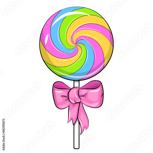 Cartoon sweet lollipop with pink bow. Vector illustration of candy on a white background.