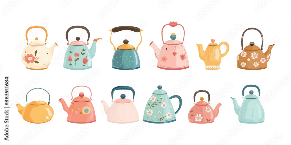 Set of cute kettles on white background. Set of cute kettles on white background.