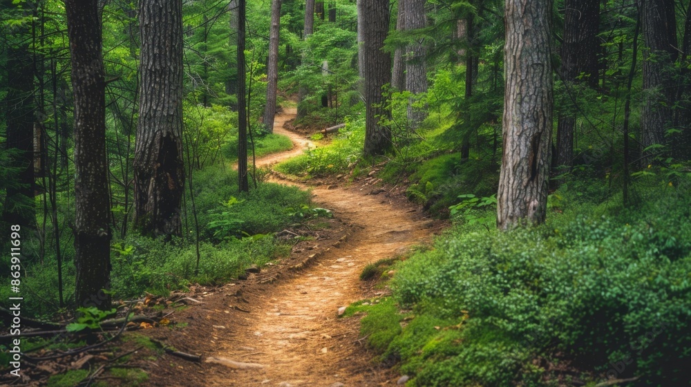 A view of a hiking trail winding through a forest, promoting the benefits of outdoor exercise and exploration. A view of a hiking trail winding through a forest, promoting the benefits of outdoor exercise and exploration.