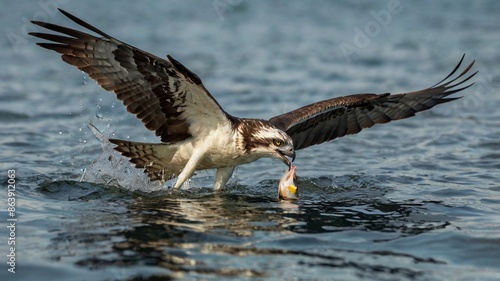 osprey in flight hunting fish in the sea