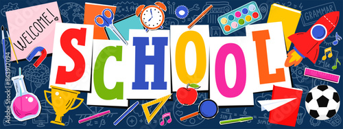 World School with stationery and school subject doodle. Banner with hand drawing lettering.