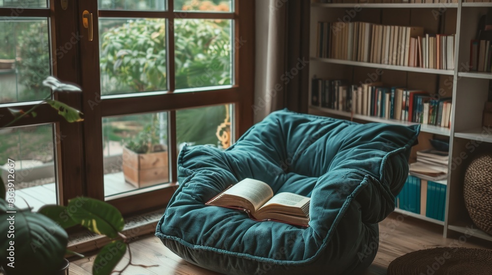 A view of a quiet room with a comfortable chair and a book, promoting the creation of a relaxing space for reading and unwinding. A view of a quiet room with a comfortable chair and a book, promoting the creation of a relaxing space for reading and unwinding.