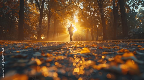 A solitary figure jogs along a sun-dappled path strewn with golden autumn leaves in a peaceful park setting #863912845