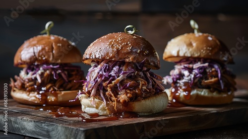 Close-up of three pulled pork sliders with coleslaw on a wooden board © Salsabila Ariadina