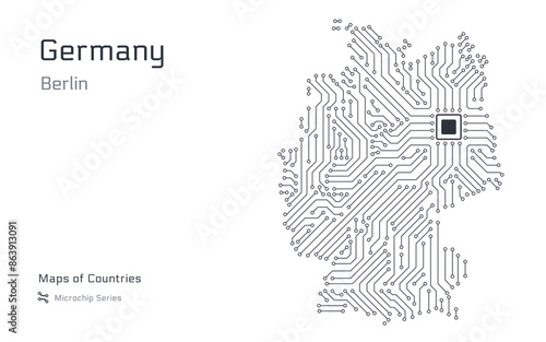 White vector map of Germany created from a microchip pattern, with the capital Berlin depicted as a microchip