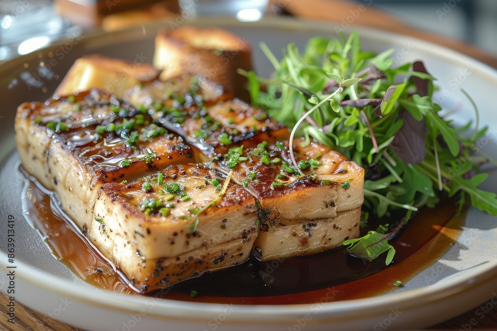 A plate of foie gras terrine with a slice of toasted brioche, served alongside a small salad of microgreens and a balsamic reduction. A plate of foie gras terrine with a slice of toasted brioche, served alongside a small salad of microgreens and a balsamic reduction.