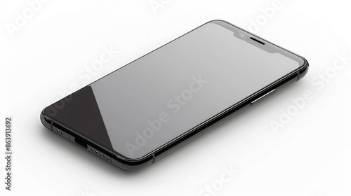 Smart Phone with Blank Screen on Black , White Background,Mobile phone with black screen on white background with copy space,Clean and modern phone on gray desk. Isometric view for app showcase