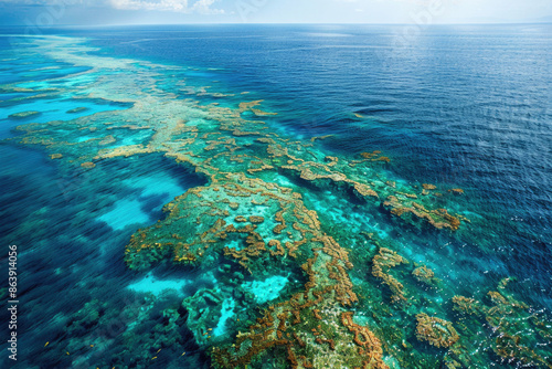 Aerial view of the vibrant coral formations of the Great Barrier Reef, Australia