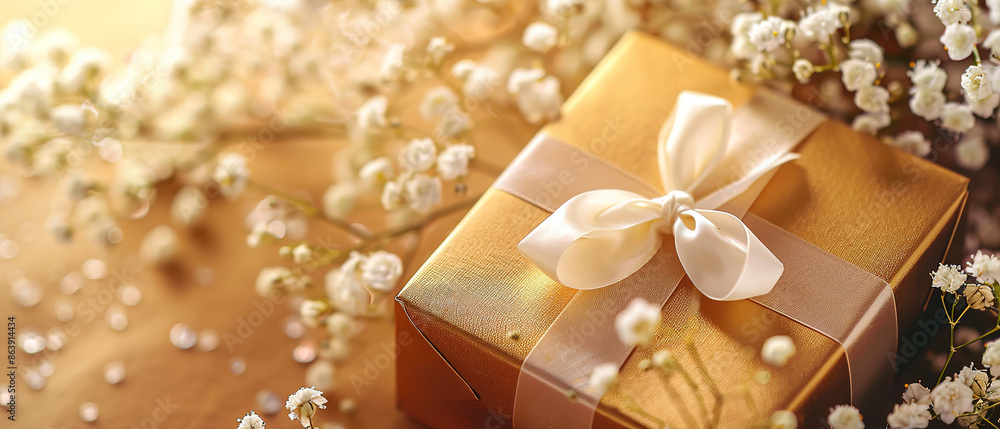 Golden Gift Box with White Bow and Delicate Flowers on Warm Background Golden Gift Box with White Bow and Delicate Flowers on Warm Background