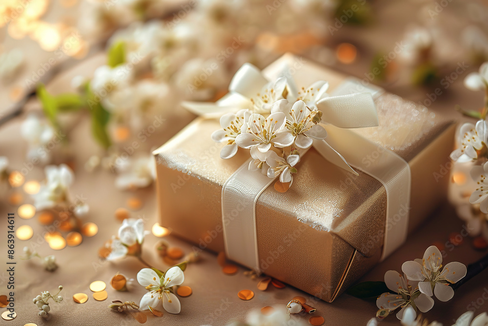 Golden Gift Box with White Bow and Delicate Flowers on Warm Background Golden Gift Box with White Bow and Delicate Flowers on Warm Background