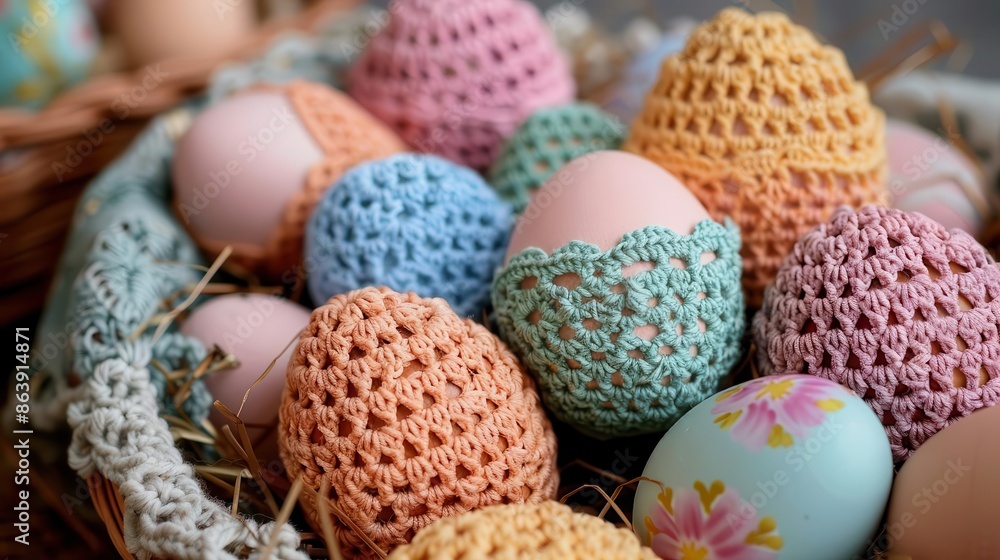 Colorful crochet festive Easter egg covers, intricate patterns, pastel hues, adorning a basket of eggs Colorful crochet festive Easter egg covers, intricate patterns, pastel hues, adorning a basket of eggs