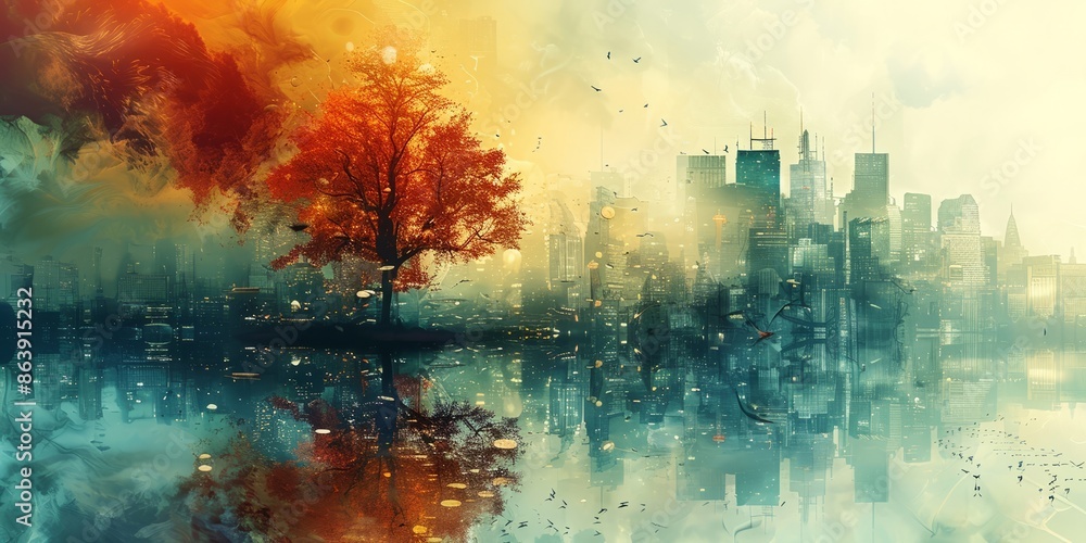 Fototapeta premium Surreal Tree in Modern Cityscape Reflection Art