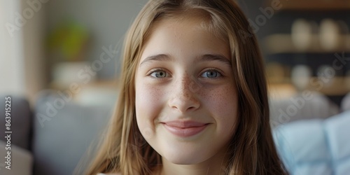 Close-up portrait of a young girl with distinctive freckles on her face