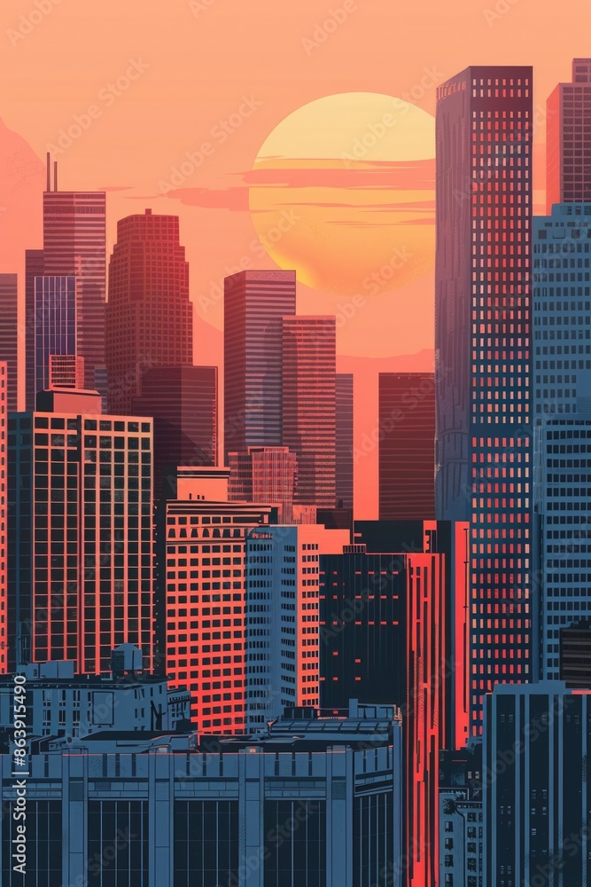 Fototapeta premium Panoramic view of a city's skyline at sunset, taken from a high-rise building