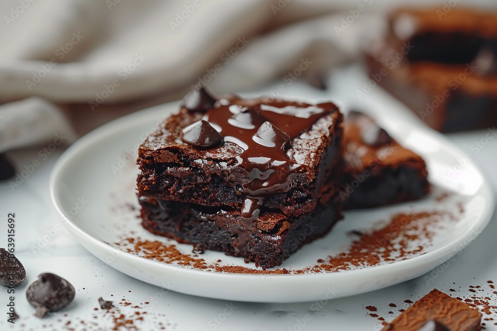 delicious chocolate brownies with melted fudge on a white plate delicious chocolate brownies with melted fudge on a white plate
