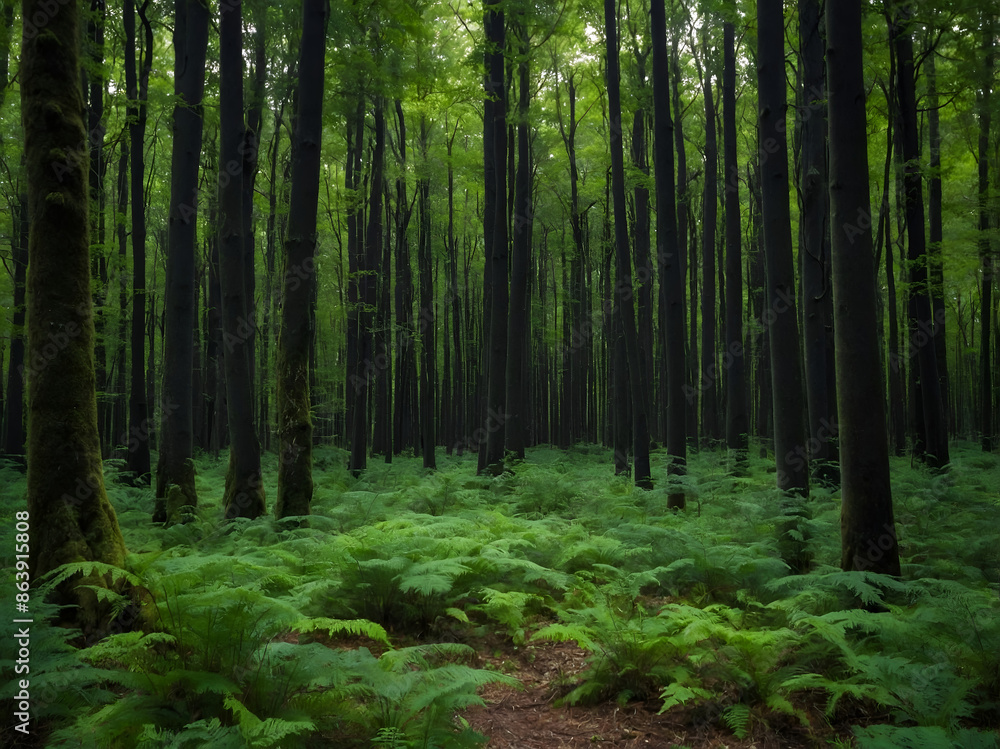 Obraz premium a forest with a path through the trees and ferns Enchanting Forest Green Captivating Images 