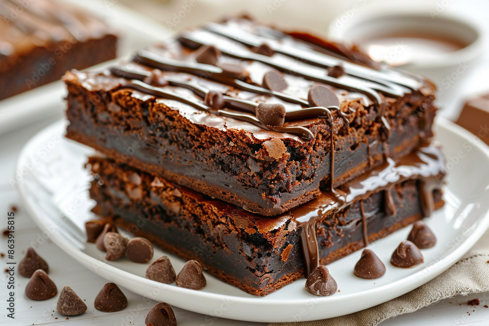 delicious chocolate brownies with melted fudge on a white plate delicious chocolate brownies with melted fudge on a white plate
