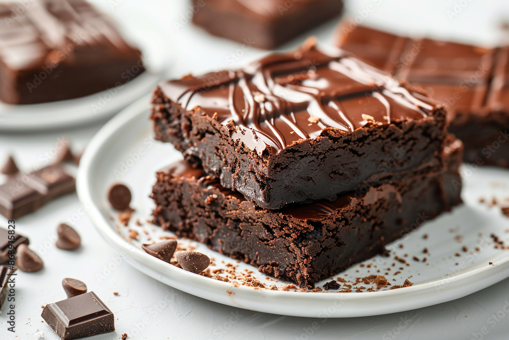 delicious chocolate brownies with melted fudge on a white plate delicious chocolate brownies with melted fudge on a white plate