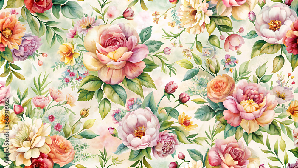 Elegant textile design with flowers in watercolor seamless raster pattern Elegant textile design with flowers in watercolor seamless raster pattern