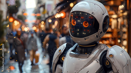 Portrait of a fututristic robot standing on the blurred crowded evening city street background. © tynza