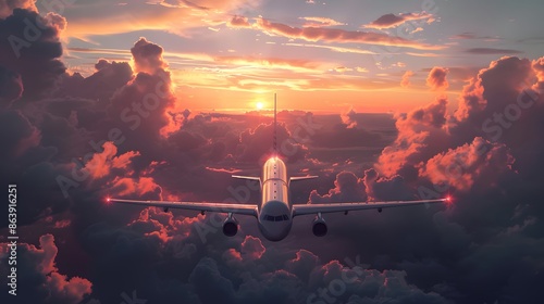 Here is an image of an airplane flying in the sky at sunset, with a dramatic orange and red sky surrounded by clouds The scene captures the beauty of nature during dusk with the airplane traveling ove photo