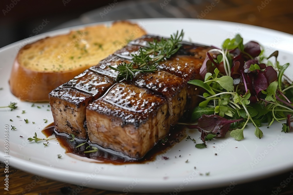 A plate of foie gras terrine with a slice of toasted brioche, served alongside a small salad of microgreens and a balsamic reduction. A plate of foie gras terrine with a slice of toasted brioche, served alongside a small salad of microgreens and a balsamic reduction.