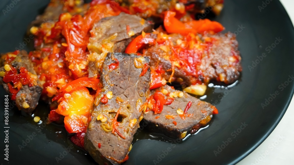 Lung beef (paru balado) cooked in spicy balado seasoning, which is sure to arouse appetite, selective focus and close up Lung beef (paru balado) cooked in spicy balado seasoning, which is sure to arouse appetite, selective focus and close up