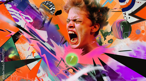 Violent Outburst: A person in a fit of rage, smashing objects around them, their expression twisted in unrestrained anger