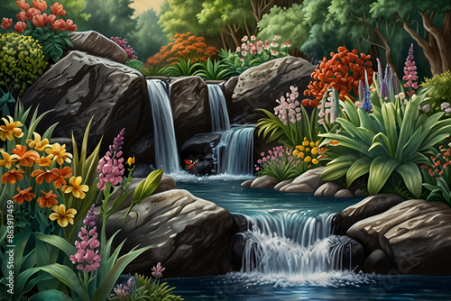 a painting of a waterfall with flowers and a waterfall in the background. Serene Garden Detailed photo