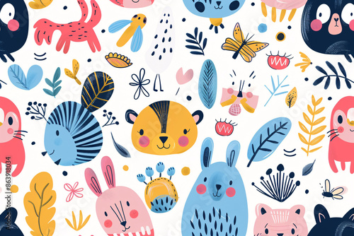 Pattern with cute animals like rabbits, bears, and birds on a white background