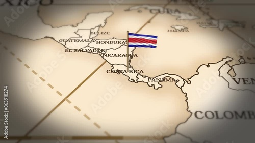 Costa Rica flag showing on world map with 3D rendering photo