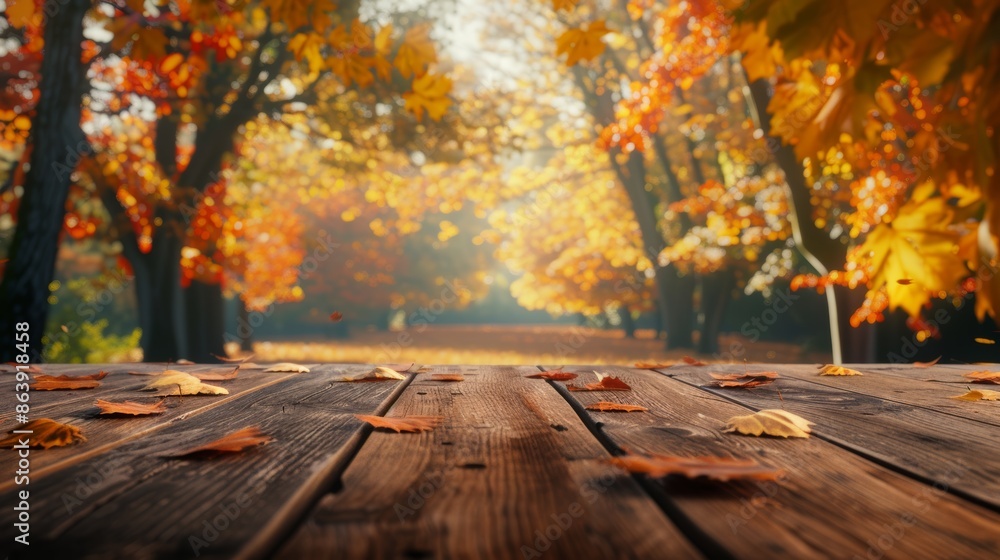 Photo of table and space, autumn background for your product display. Photo of table and space, autumn background for your product display.