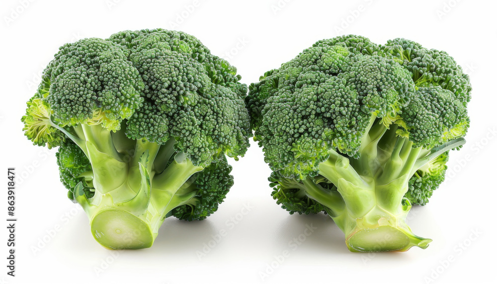 Two Fresh Broccoli Florets on White Background Two Fresh Broccoli Florets on White Background