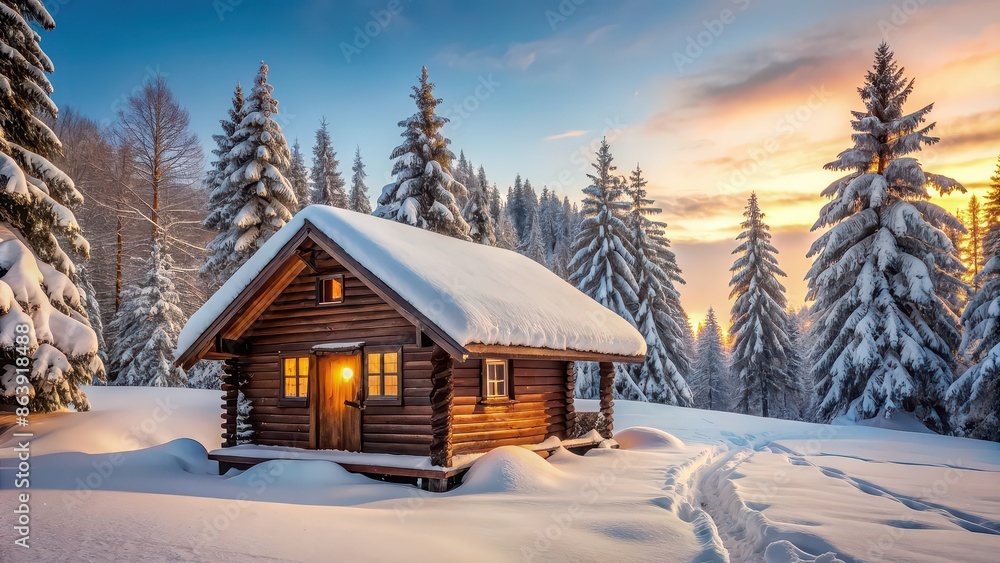 Winter landscape featuring a cozy wood cabin covered in snow , winter, landscape, wood cabin, snow, winter season, cozy, cold Winter landscape featuring a cozy wood cabin covered in snow , winter, landscape, wood cabin, snow, winter season, cozy, cold