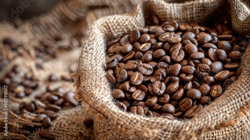 Roasted coffee beans stored in a burlap sack