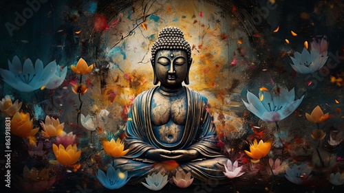 Wallpaper Mural abstract, beautiful Magical, Mystical image of a buddha, painted metal, weathered, flowers, birds, beautiful auro of peaceful energy all around , generated by AI. High quality photo Torontodigital.ca