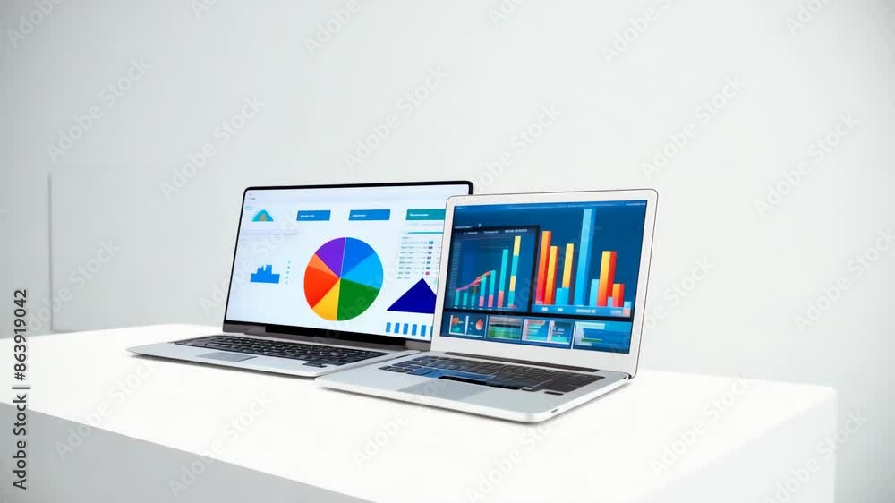 Close-up of financial data on laptop screens, showing colorful charts and graphs used for business analysis and decision-making Close-up of financial data on laptop screens, showing colorful charts and graphs used for business analysis and decision-making