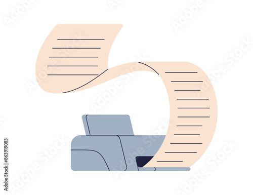 Printer and long printout. Printing paper sheet, document in process. Office machine, work equipment, technology. Business information output. Flat vector illustration isolated on white background