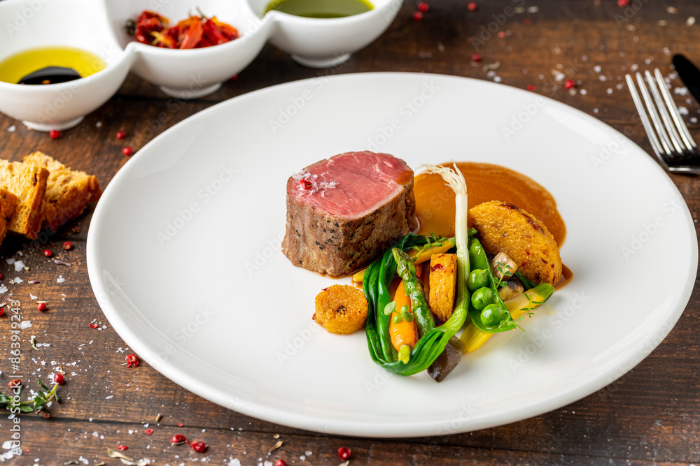 Filet mignon served with vegetables and sauces at a fine dining restaurant Filet mignon served with vegetables and sauces at a fine dining restaurant