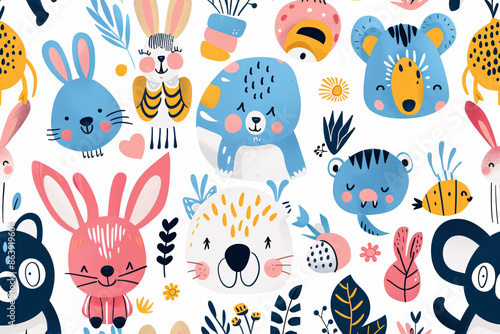 Pattern with cute animal faces including bunnies, bears, and foxes in vibrant colors